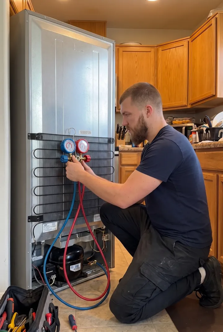 Nic, owner of Appliserve, checking refrigerant pressure on a refrigerator in a customer's kitchen
